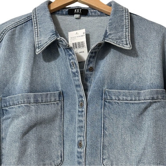 KUT from the Kloth NWT Stormi Raw Hem Medium Wash Crop Denim Shirt Jacket - Picture 7 of 14